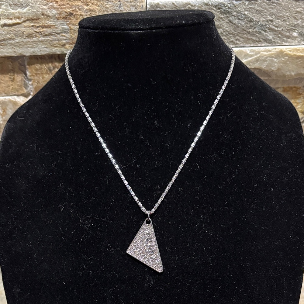 Elegant Silver Sparkle Prada Triangle Pendant Necklace